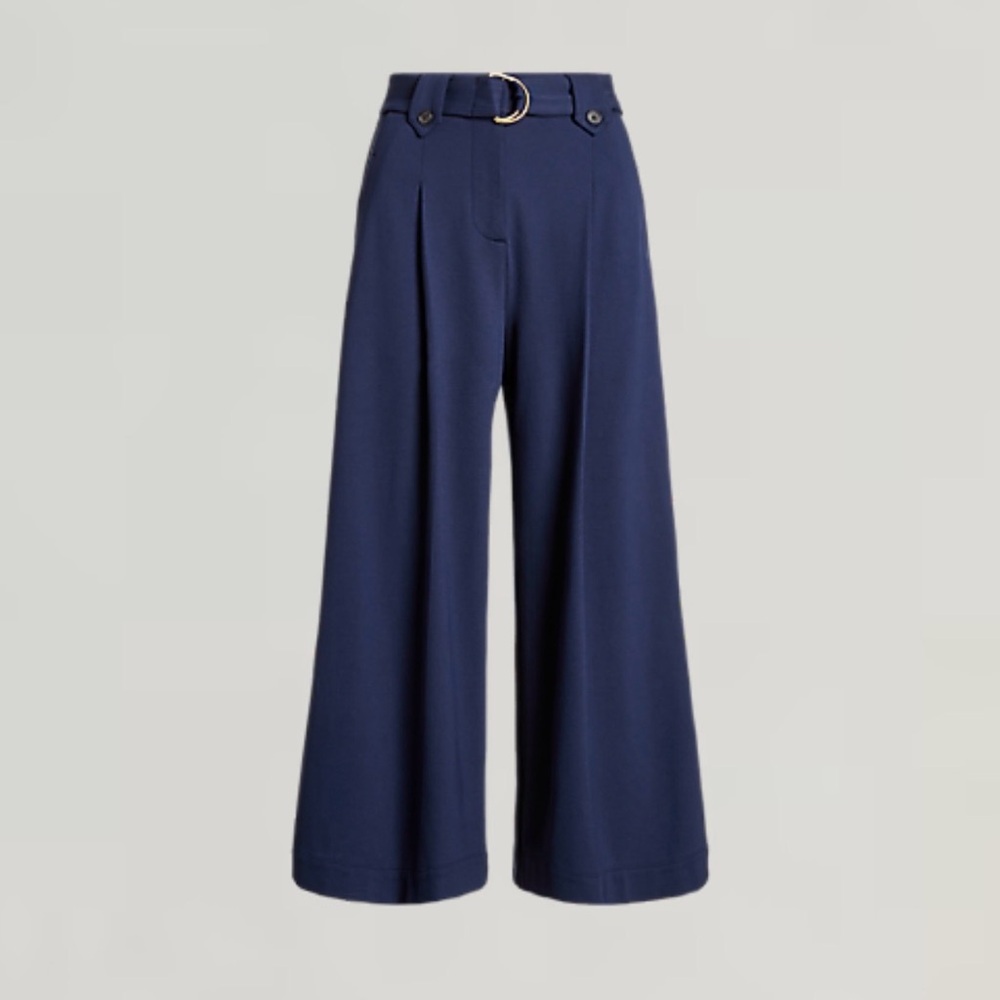 Lauren Ralph Lauren Pants Womens XL Blue Belted Pleated Ponte Cropped Wide Leg